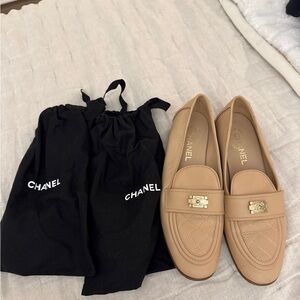 CHANEL Beige Quilted Leather Loafers with Gold Hardware size 41.5 US 10.5